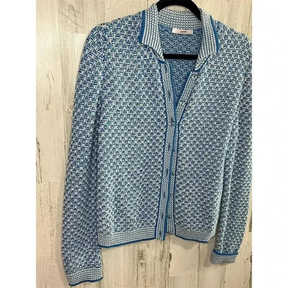 Leggiadro Women's Blue Herringbone Cardigan Sweater Size L - Picture 3 of 11